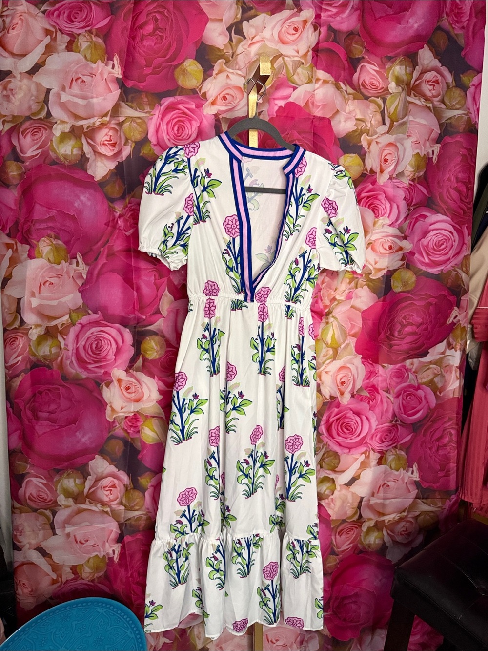 Amazon White Maxi Dress with Pink Floral & Green Stems